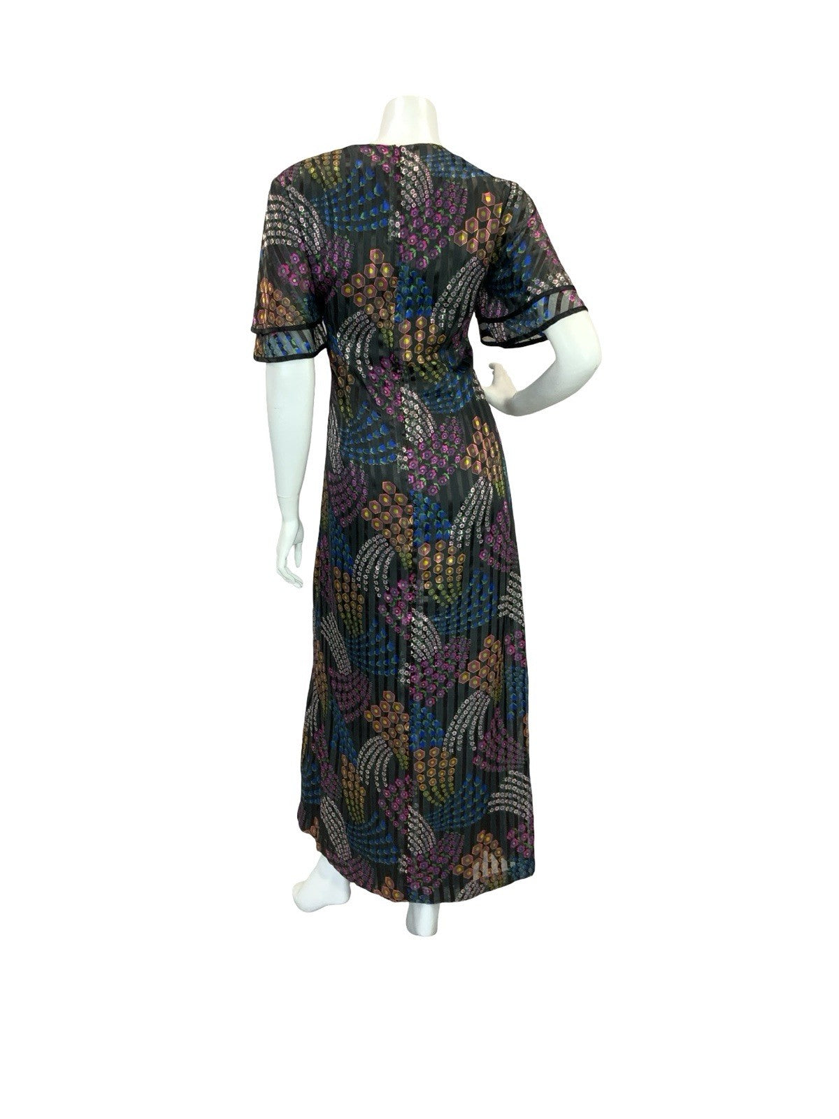 VTG 70S GEOMETRIC PSYCHEDELIC MAXI DRESS PINK YELLOW GREEN BLUE BLACK 12 14 16