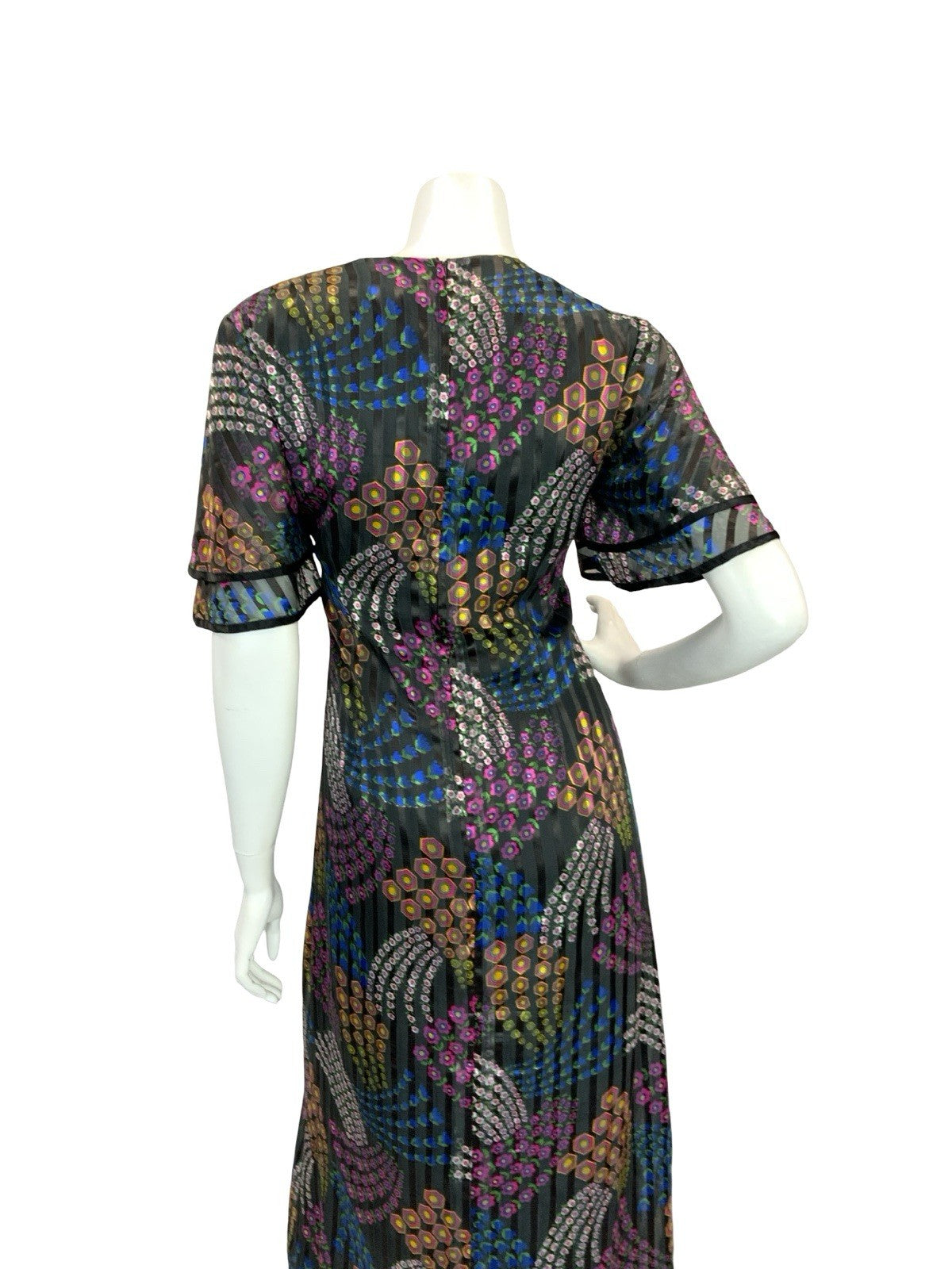 VTG 70S GEOMETRIC PSYCHEDELIC MAXI DRESS PINK YELLOW GREEN BLUE BLACK 12 14 16