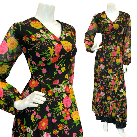 VTG 70S ROMANTIC FLORAL MAXI DRESS BLACK YELLOW PINK GREEN RED 12 14