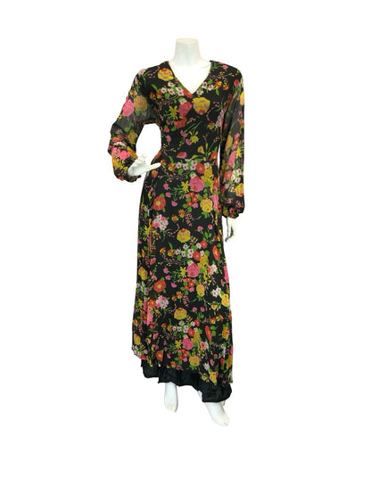 VTG 70S ROMANTIC FLORAL MAXI DRESS BLACK YELLOW PINK GREEN RED 12 14
