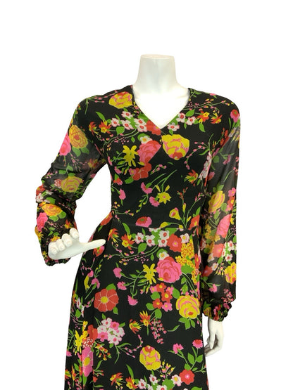 VTG 70S ROMANTIC FLORAL MAXI DRESS BLACK YELLOW PINK GREEN RED 12 14
