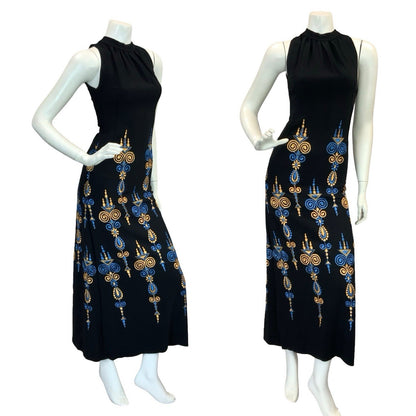 VTG BOHO 60S 70S MOD EMBROIDERY MAXI DRESS GOLD BLUE BLACK 6 8