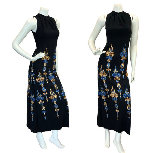 VTG BOHO 60S 70S MOD EMBROIDERY MAXI DRESS GOLD BLUE BLACK 6 8