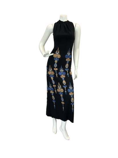 VTG BOHO 60S 70S MOD EMBROIDERY MAXI DRESS GOLD BLUE BLACK 6 8