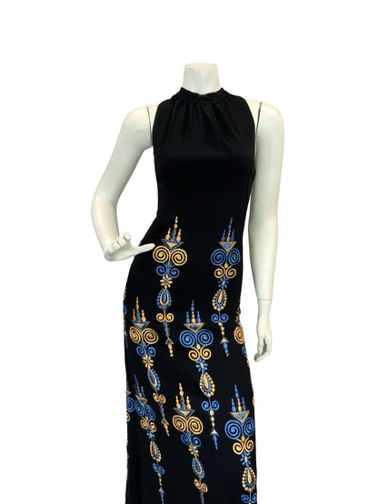 VTG BOHO 60S 70S MOD EMBROIDERY MAXI DRESS GOLD BLUE BLACK 6 8