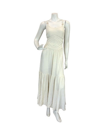 VTG 70S CREAM CROCHET BOHO KNIT FESTIVAL BOHO MAXI SUN DRESS 8 10