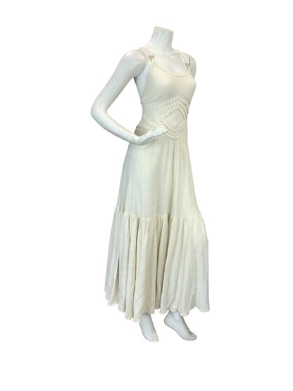 VTG 70S CREAM CROCHET BOHO KNIT FESTIVAL BOHO MAXI SUN DRESS 8 10