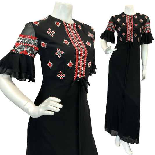 VTG 70S BOHO COTTAGECORE EMBROIDERY SEQUIN MAXI DRESS BLACK WHITE RED 10