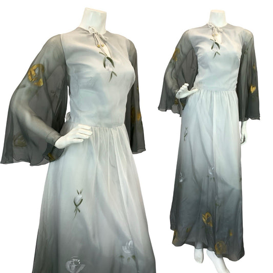 VTG 70S FLOATY SHEER MAXI DRESS SILVER GOLD GREY HAND PAINTED PRINT 10 12