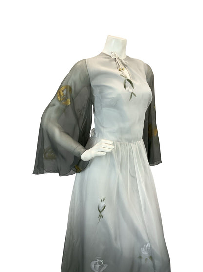 VTG 70S FLOATY SHEER MAXI DRESS SILVER GOLD GREY HAND PAINTED PRINT 10 12