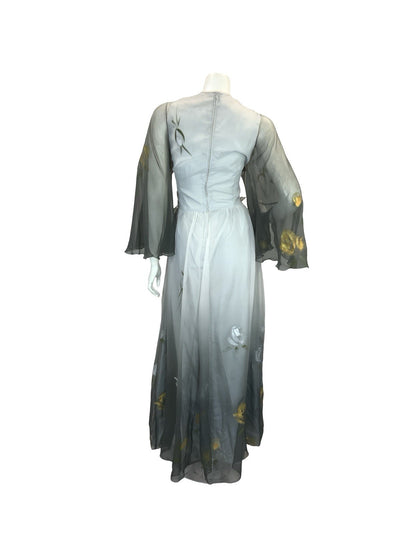 VTG 70S FLOATY SHEER MAXI DRESS SILVER GOLD GREY HAND PAINTED PRINT 10 12