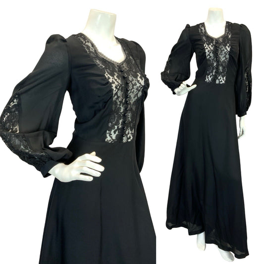 VTG 70S VICTORIANA GOTHIC VERA MONT MAXI DRESS LACE BLACK 6 8