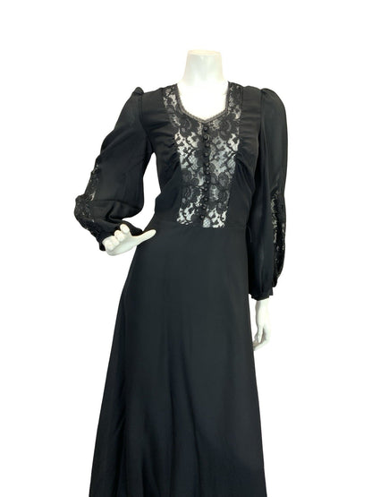 VTG 70S VICTORIANA GOTHIC VERA MONT MAXI DRESS LACE BLACK 6 8