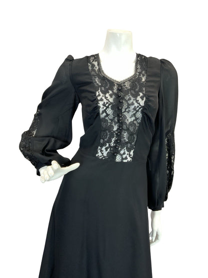 VTG 70S VICTORIANA GOTHIC VERA MONT MAXI DRESS LACE BLACK 6 8