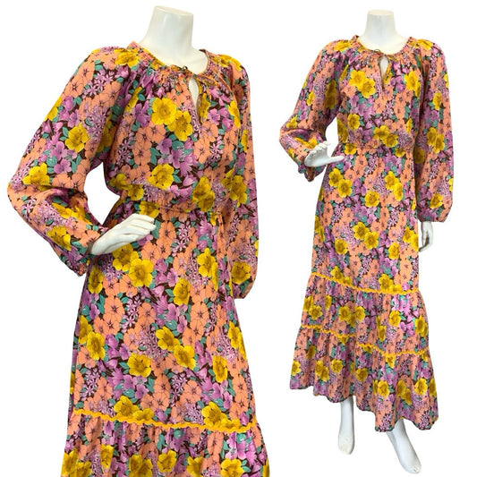 VTG 70S RUFFLE HEM MAXI DRESS FLORAL 10 12 14 YELLOW PEACH PURPLE PINK