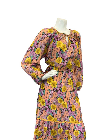 VTG 70S RUFFLE HEM MAXI DRESS FLORAL 10 12 14 YELLOW PEACH PURPLE PINK