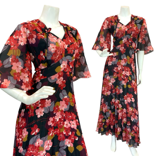 VTG 70S ROMANTIC FLORAL BUTTERFLY SLEEVE MAXI DRESS BLACK RED PINK WINE 12 14