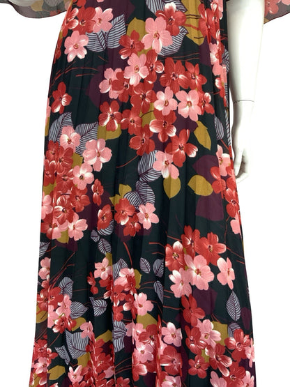 VTG 70S ROMANTIC FLORAL BUTTERFLY SLEEVE MAXI DRESS BLACK RED PINK WINE 12 14