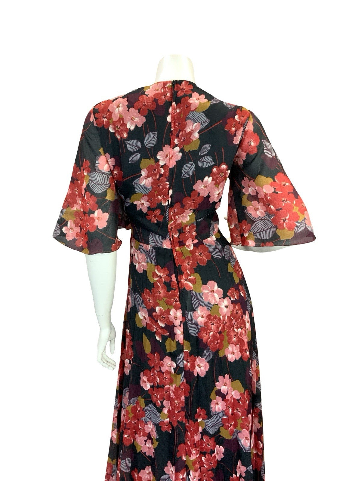 VTG 70S ROMANTIC FLORAL BUTTERFLY SLEEVE MAXI DRESS BLACK RED PINK WINE 12 14