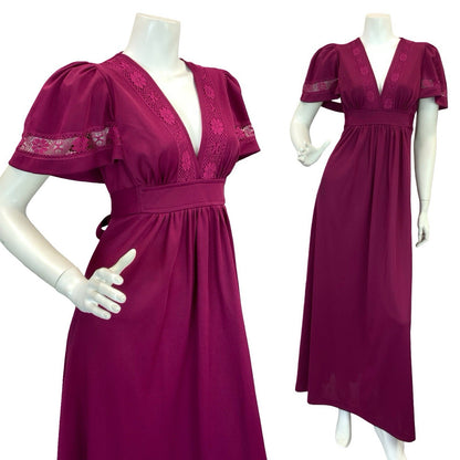 VTG 70S ROMANTIC BOHO WINE BURGUNDY PLUM CROCHET LACE  MAXI DRESS 8 10