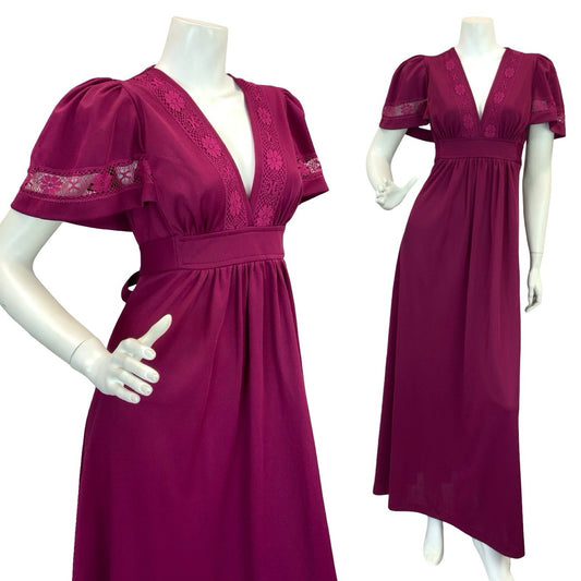 VTG 70S ROMANTIC BOHO WINE BURGUNDY PLUM CROCHET LACE  MAXI DRESS 8 10