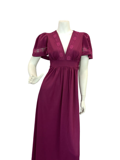 VTG 70S ROMANTIC BOHO WINE BURGUNDY PLUM CROCHET LACE  MAXI DRESS 8 10