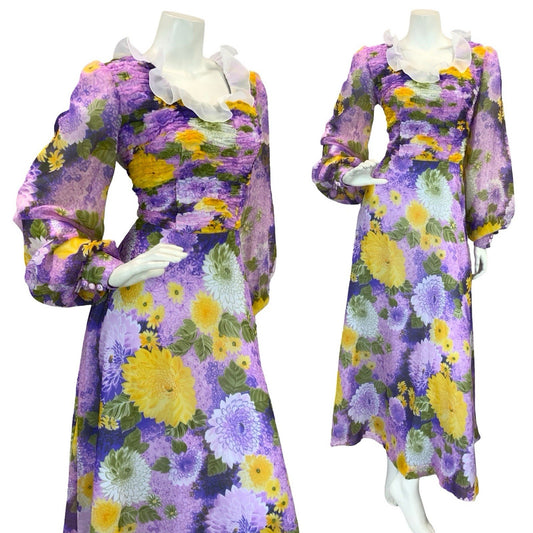 VTG 70S FLORAL BISHOP SLEEVE MAXI DRESS PURPLE YELLOW PINK 10