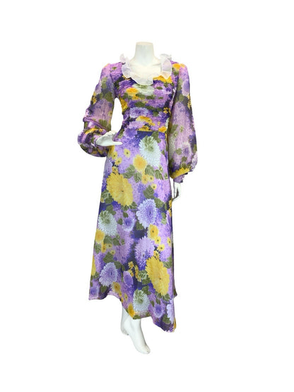 VTG 70S FLORAL BISHOP SLEEVE MAXI DRESS PURPLE YELLOW PINK 10