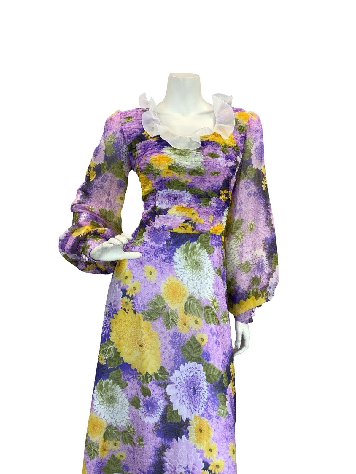 VTG 70S FLORAL BISHOP SLEEVE MAXI DRESS PURPLE YELLOW PINK 10