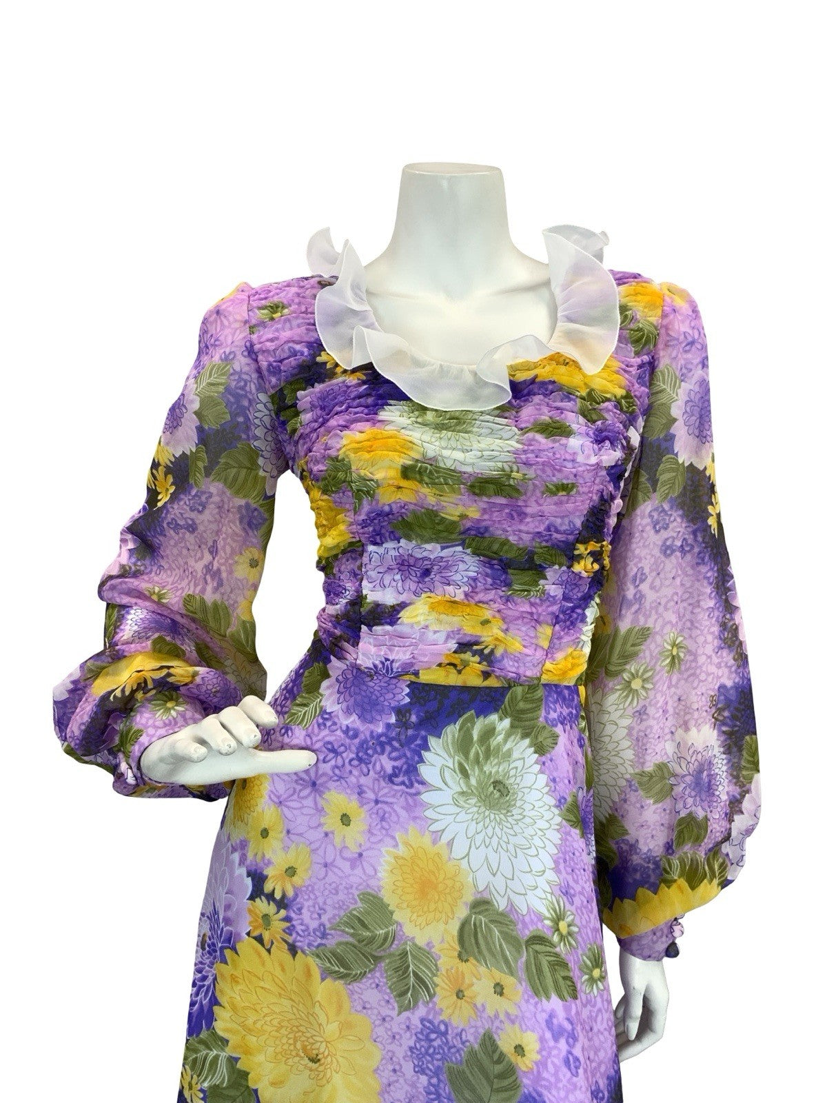 VTG 70S FLORAL BISHOP SLEEVE MAXI DRESS PURPLE YELLOW PINK 10