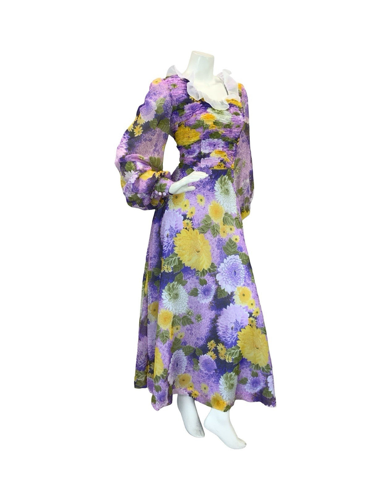 VTG 70S FLORAL BISHOP SLEEVE MAXI DRESS PURPLE YELLOW PINK 10