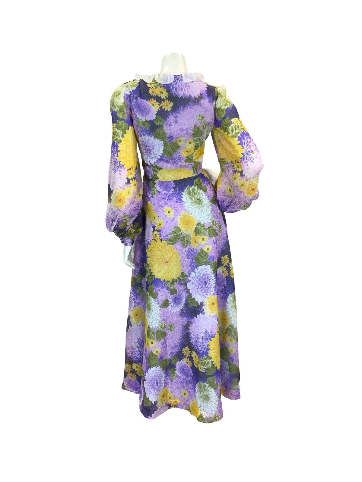 VTG 70S FLORAL BISHOP SLEEVE MAXI DRESS PURPLE YELLOW PINK 10