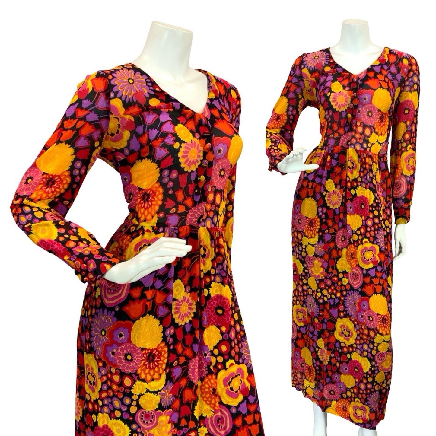 VTG 60S 70S MOD PSYCH BOHO FLORAL SHEER MAXI DRESS 8 10 12 PURPLE RED ORANGE