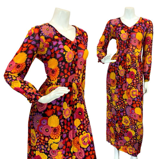 VTG 60S 70S MOD PSYCH BOHO FLORAL SHEER MAXI DRESS 8 10 12 PURPLE RED ORANGE