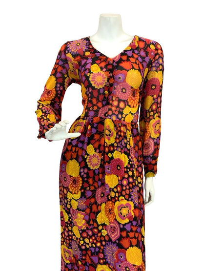 VTG 60S 70S MOD PSYCH BOHO FLORAL SHEER MAXI DRESS 8 10 12 PURPLE RED ORANGE
