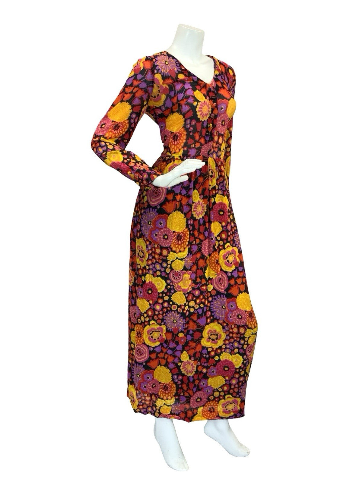 VTG 60S 70S MOD PSYCH BOHO FLORAL SHEER MAXI DRESS 8 10 12 PURPLE RED ORANGE