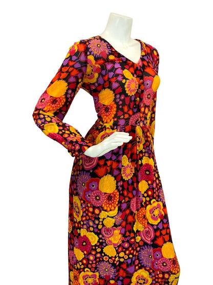 VTG 60S 70S MOD PSYCH BOHO FLORAL SHEER MAXI DRESS 8 10 12 PURPLE RED ORANGE