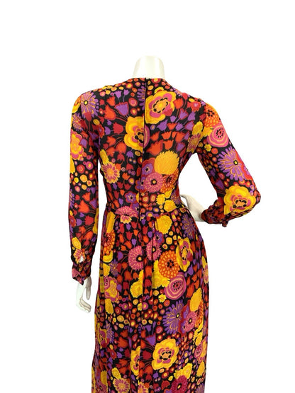 VTG 60S 70S MOD PSYCH BOHO FLORAL SHEER MAXI DRESS 8 10 12 PURPLE RED ORANGE