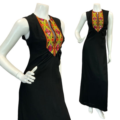 VTG 70S BOHO HIPPY BLACK CREPE MIRROR EMBROIDERY MAXI DRESS 10 12