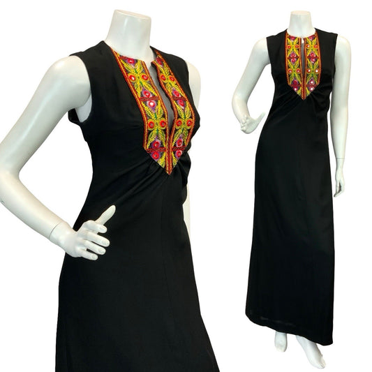 VTG 70S BOHO HIPPY BLACK CREPE MIRROR EMBROIDERY MAXI DRESS 10 12