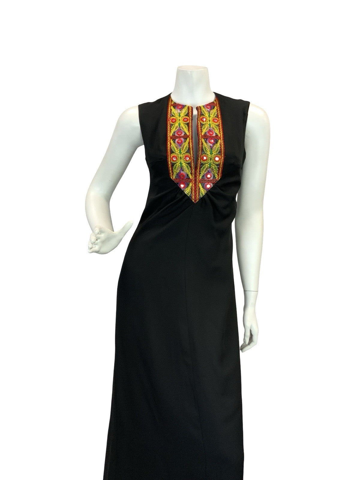 VTG 70S BOHO HIPPY BLACK CREPE MIRROR EMBROIDERY MAXI DRESS 10 12