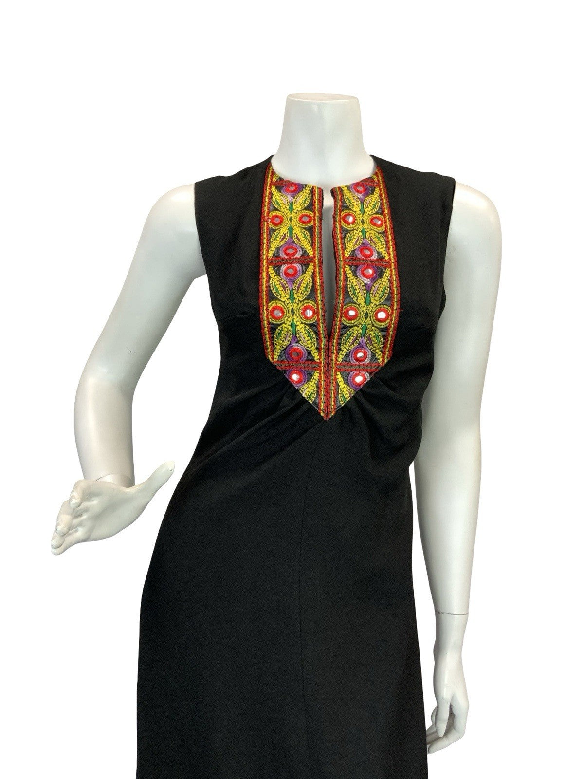 VTG 70S BOHO HIPPY BLACK CREPE MIRROR EMBROIDERY MAXI DRESS 10 12