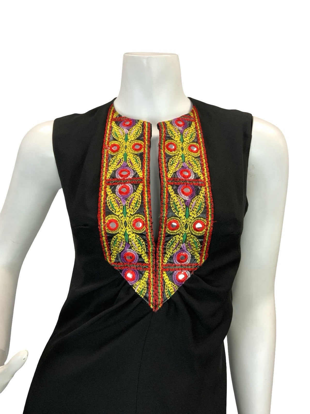 VTG 70S BOHO HIPPY BLACK CREPE MIRROR EMBROIDERY MAXI DRESS 10 12