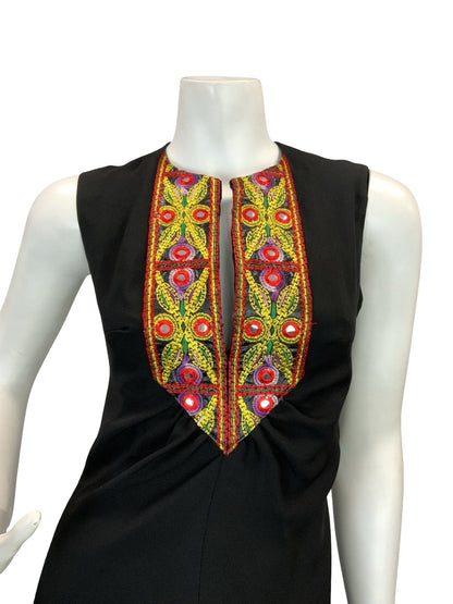 VTG 70S BOHO HIPPY BLACK CREPE MIRROR EMBROIDERY MAXI DRESS 10 12