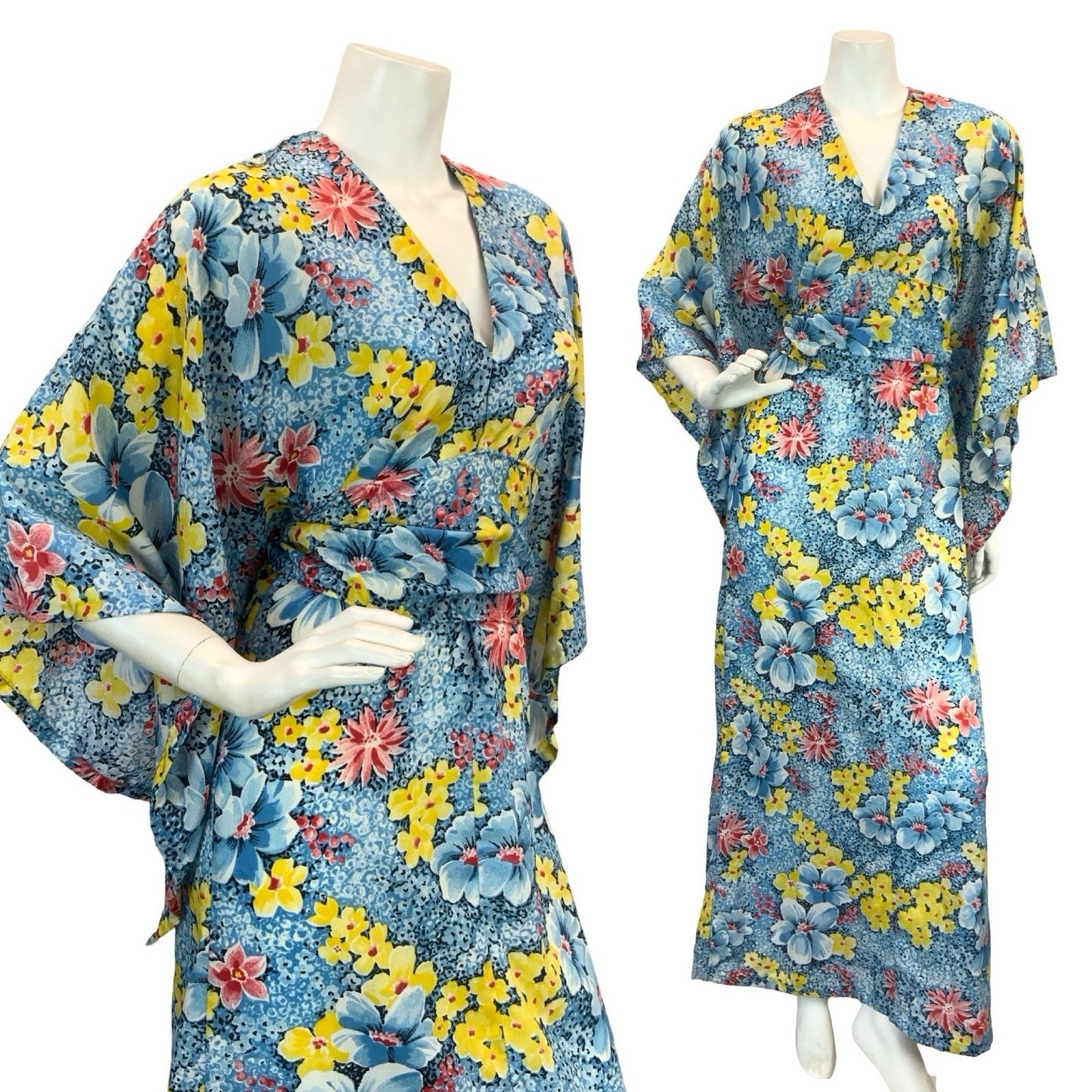 VTG 70S KIMONO KAFTAN FLORAL MAXI DRESS BLUE YELLOW RED 10-12