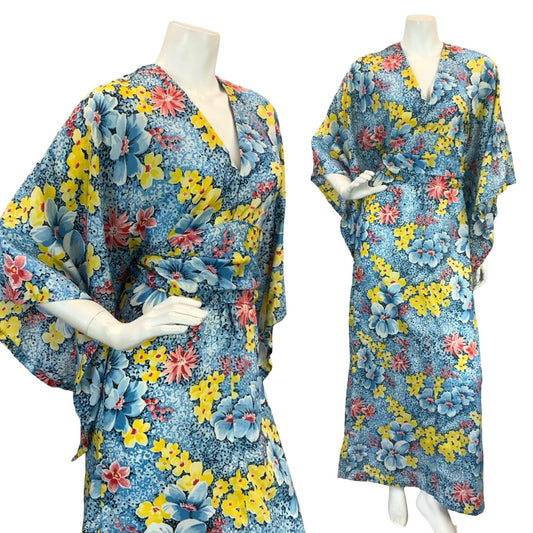 VTG 70S KIMONO KAFTAN FLORAL MAXI DRESS BLUE YELLOW RED 10-12