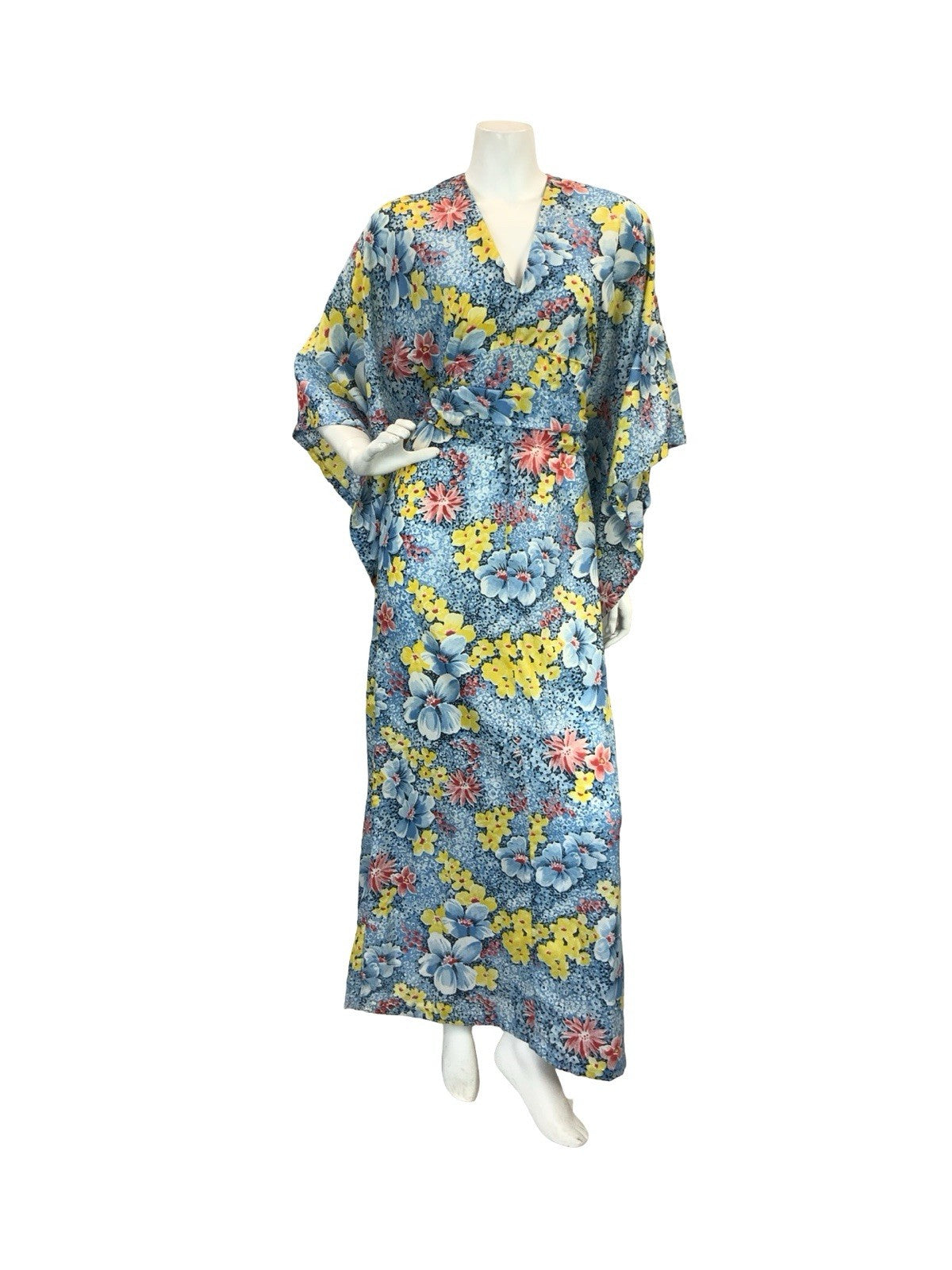 VTG 70S KIMONO KAFTAN FLORAL MAXI DRESS BLUE YELLOW RED 10-12