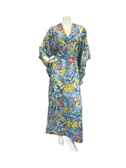 VTG 70S KIMONO KAFTAN FLORAL MAXI DRESS BLUE YELLOW RED 10-12