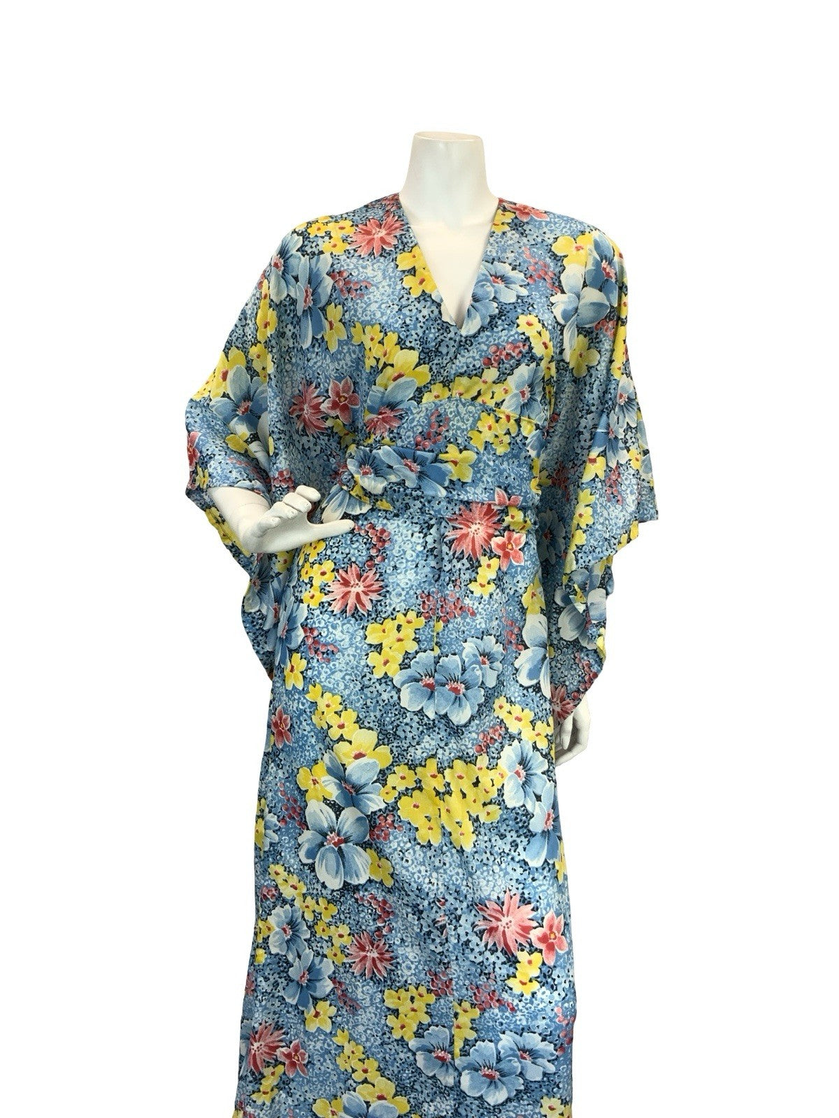 VTG 70S KIMONO KAFTAN FLORAL MAXI DRESS BLUE YELLOW RED 10-12