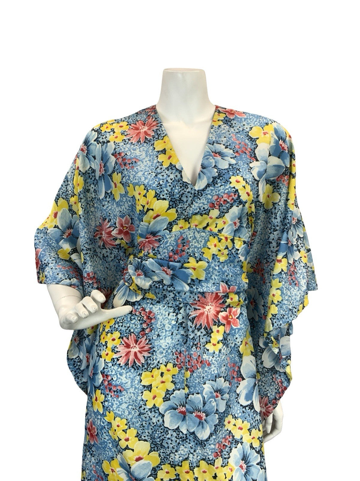 VTG 70S KIMONO KAFTAN FLORAL MAXI DRESS BLUE YELLOW RED 10-12